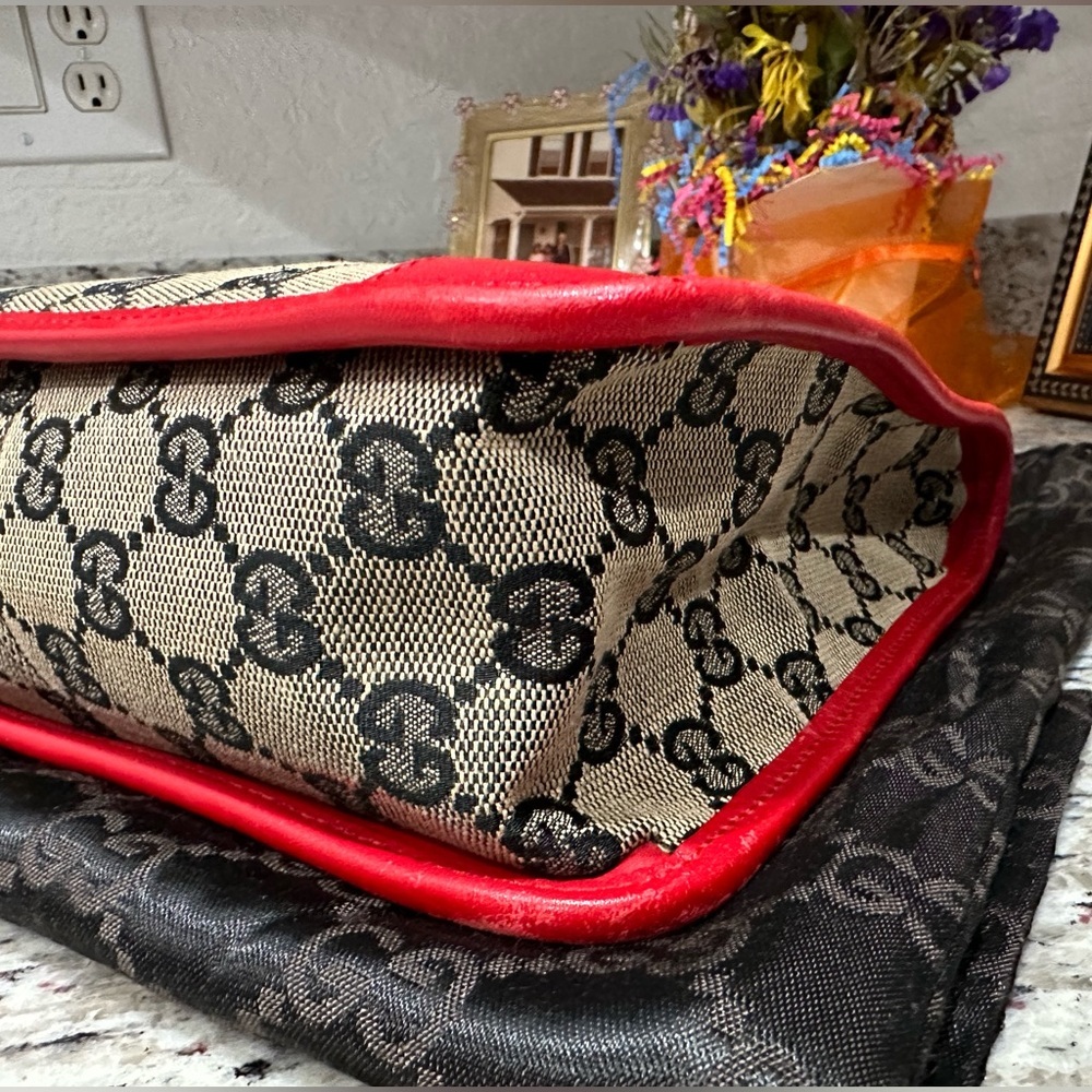 6 HOUR SALE -GUCCI MONOGRAM CANVAS MINI BAG W Red LEATHER DUAL HANDLES - Picture 9 of 15